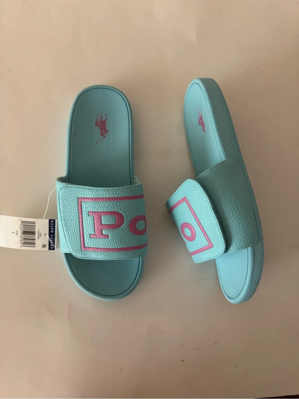 Polo Ralph Lauren Aqua Slide Sandals with Pink Logo. Size: 7